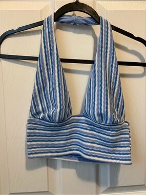 H&M Divided Striped Knit Halter Crop Top in Light Blue & White